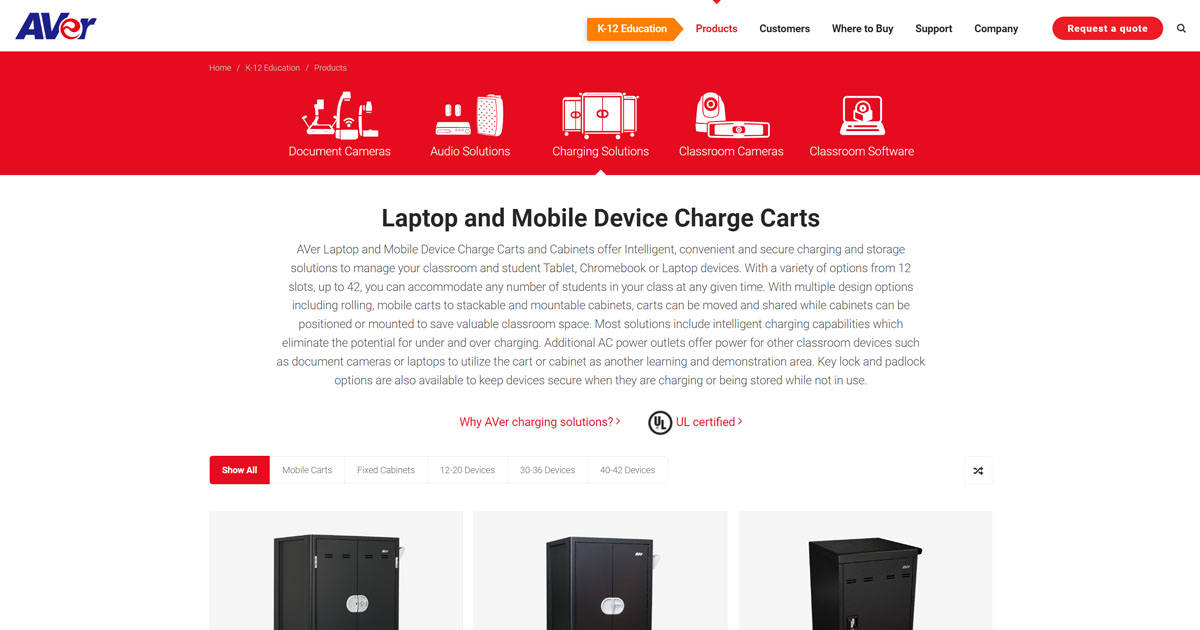 AVer Charging Carts, Charge Cart, Laptop Cart, Charging Cart Solutions