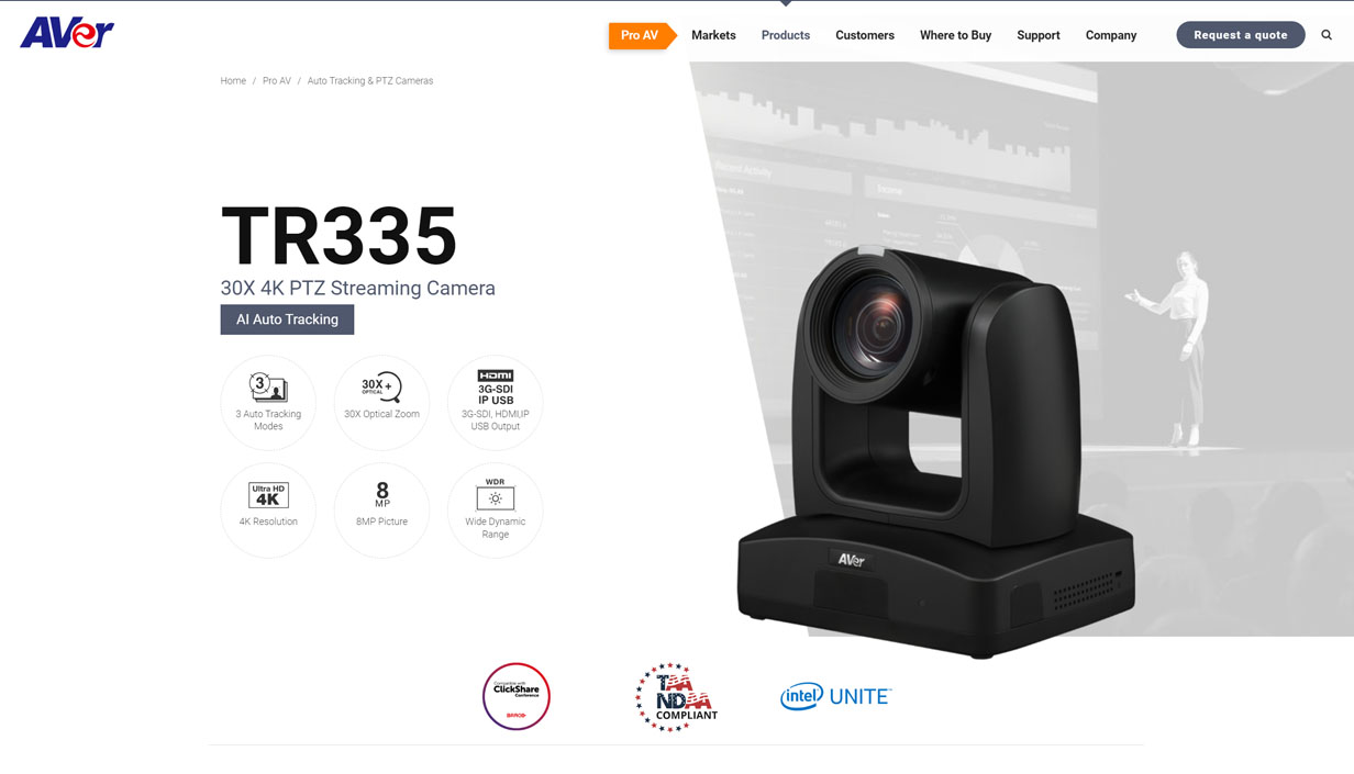 AVer TR335 | 4K 60fps AI Auto Tracking PTZ Camera with 30X Optical